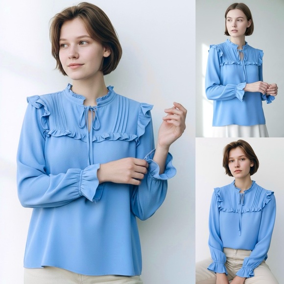 CeCe Tops - CeCe Ruffle Crepe Blouse Split Neckline with Tie Pintucks Long Sleeve Small